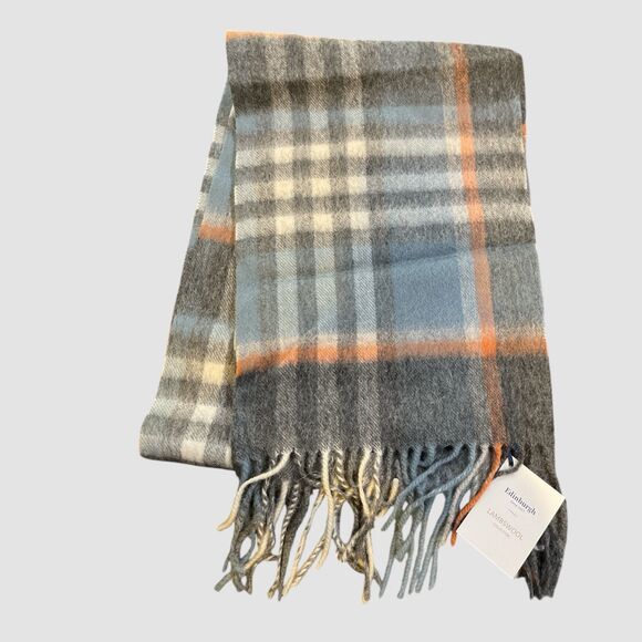 EDINBURGH 100% LAMBSWOOL SCARF CHEQUER ORANGE GREY BLUE (24534) 56x12 NWT - Picture 3 of 4